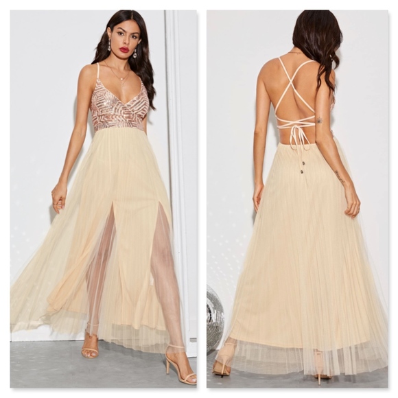 Rouge! Dresses & Skirts - Sequin Detail Surplice V-Neck Mesh Slit Maxi Dress